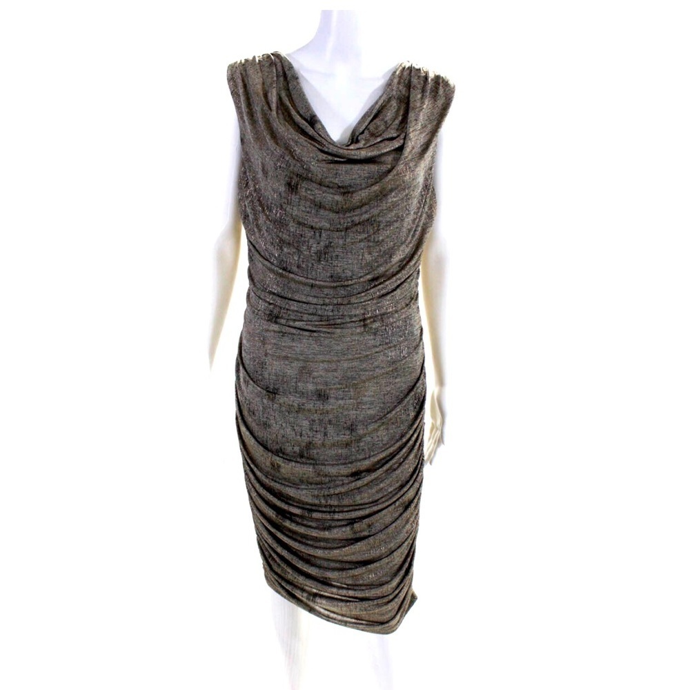 Frank Lyman Size 10 Metallic Knit Draped Cowl Sheath Dress Gold